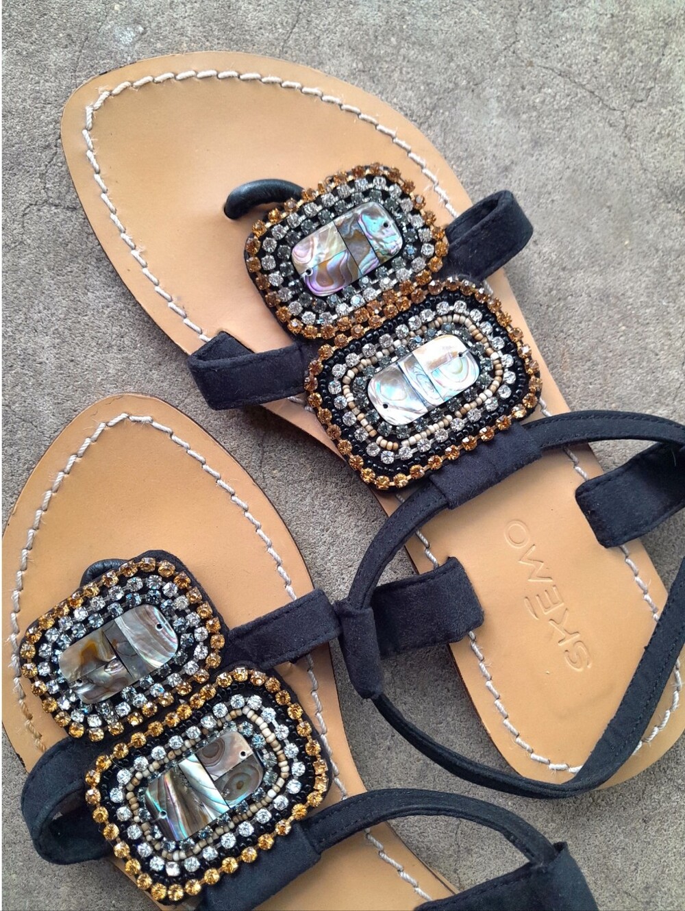 handcrafted cowrie shell rhinestone sparkly organic cotton leather insole sanda